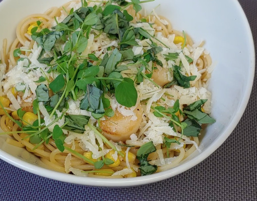 Pasta With Seared Scallops, Corn and Pea Shoots